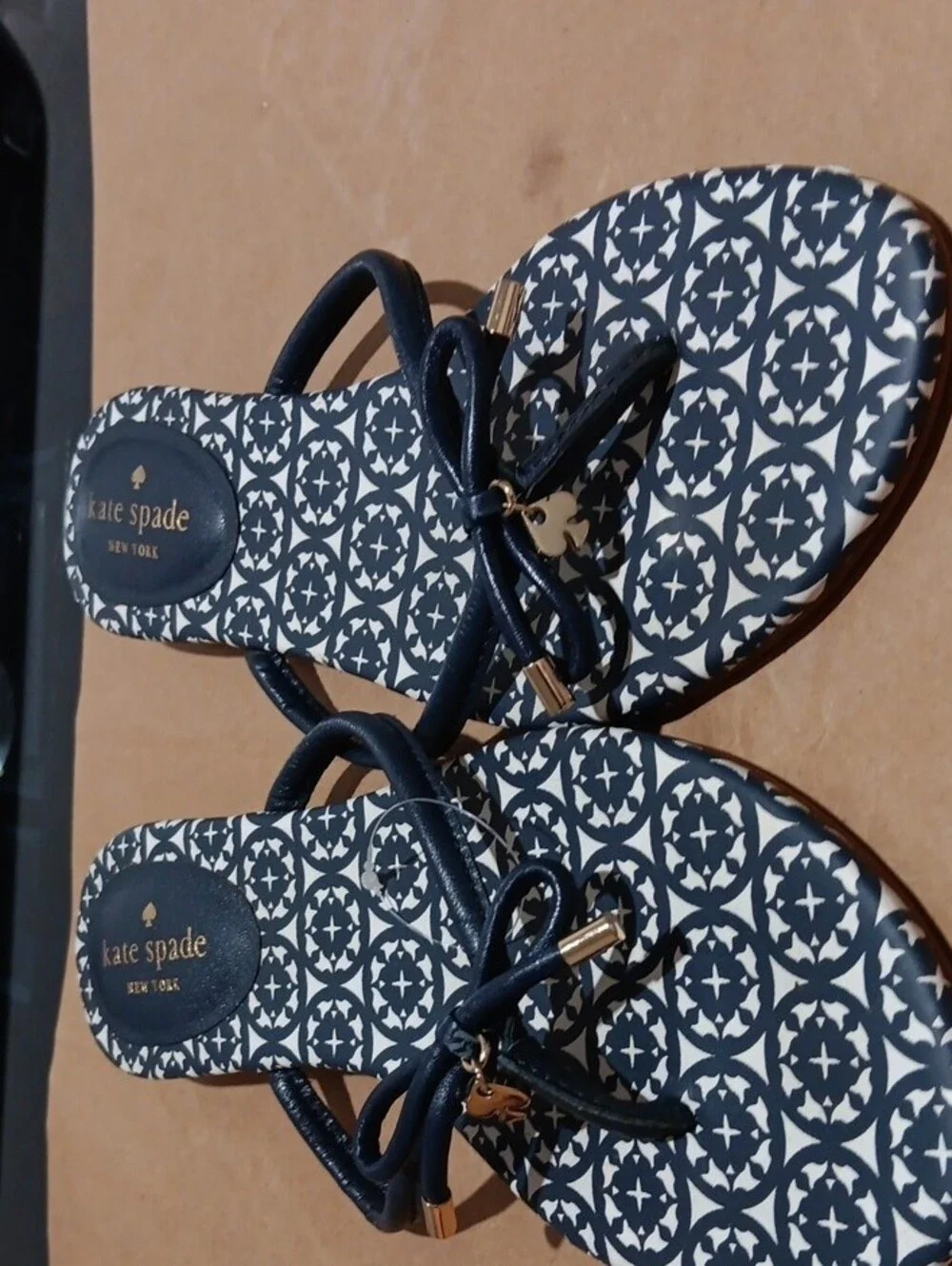 kate spade Navy & White Patterned Bow-Trim Slide Sandals